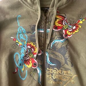 Ed Hardy Green Hoodie with Colorful Butterfly Art